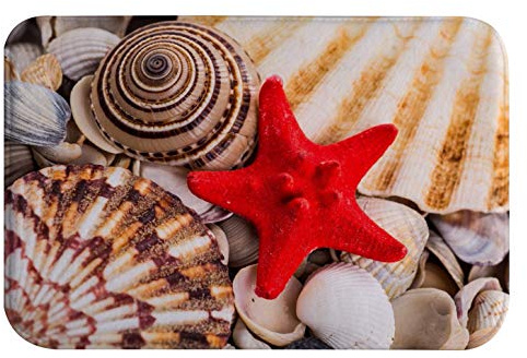 A.Monamour Badematten Badteppiche Badvorleger Seestern Muschel Hintergründe Nautischen Meer Strand Themen Dekore Flanell Anti-Rutsch Türmatte Runner Teppiche Matte Für Badezimmer Bad Küche 40x60cm