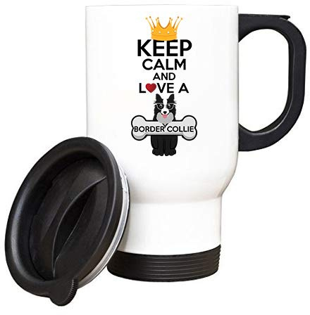 Keep Calm and Love a Border Collie Themed 14 oz Travel Mug – Gifts for Christmas, Mothers Day/Fathers Day. (White)