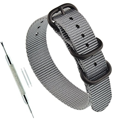 MZBUTIQ 24mm Grau Strap Uhrenarmband Ersatz Extra Lang Herren Matte Schwarze Schnalle 3 Ringe