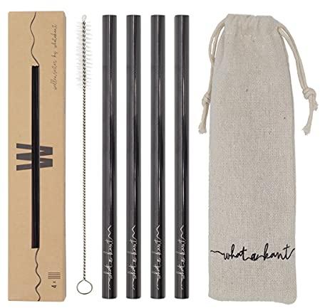 Whatakant Wellenreiter Kupferstrohhalme | 4er Set in Schwarz | nachhaltige Strohhalme mit Baumwollsäckchen und Reinigungsbürste | wiederwendbar und to go Trinkhalme | 15,5 cm Länge