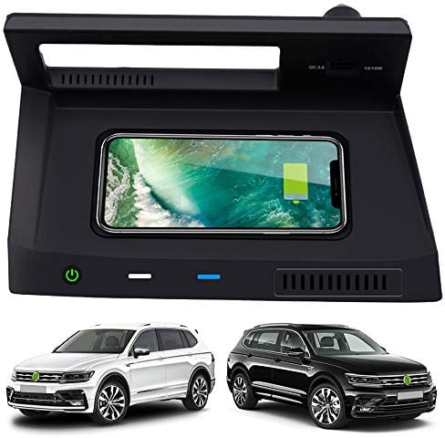 BraveKing Kabelloses Ladegerät Auto für VW Tiguan 2018 2019 2020 Center Console-Zubehörfeld, 10W Qi Schnell-Ladegerät Pad mit QC 3.0 USB Port für iPhone 12/11/XS/XR/X/8, Samsung S20/S10/S9/S8