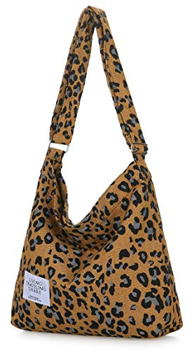 Covelin Damen Retro Große Größe Canvas Schultertasche Hobo Crossbody Handtasche Casual Tote, braun (leopardenmuster), Medium