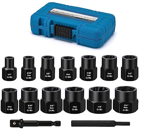 MIXPOWER 13-Piece 3/8-inch Impact Bolt & Nut Remover Set, Nut Extractor Socket, Bolt Remover Tool Set with Hex Adapter, Metric and SAE