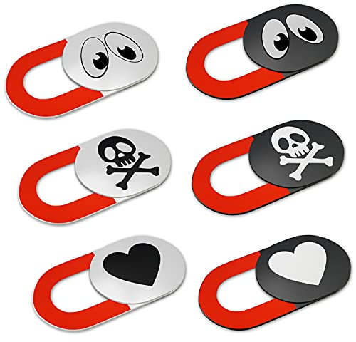 KARBOME Cache caméra Ordinateur Extra-Plat avec indicateur Rouge (Lot de 6) | pour Webcam PC Portable, Mac et Tablette | Yeux, Tête de Mort, Coeur | Set-A