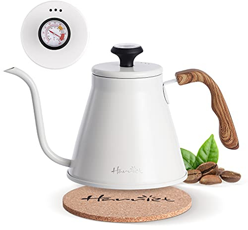 Harriet Gooseneck Kettle, Pour Over Kettle with Built-in Thermometer, Coffee Kettle with Anti-Hot Wood Handle, Flow Spout Stainless Steel and Anti-Rust Design For Drip Coffee & Tea Brewing 37oz