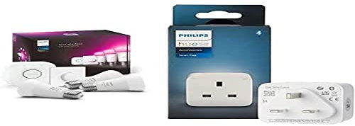 Philips Hue White and Colour Ambiance Smart Light Bulb Starter Kit, 75W - 1100 Lumen [E27 Edison Screw] 3 Bulbs + 2 Smart Buttons, with Bluetooth Smart Plug with Bluetooth