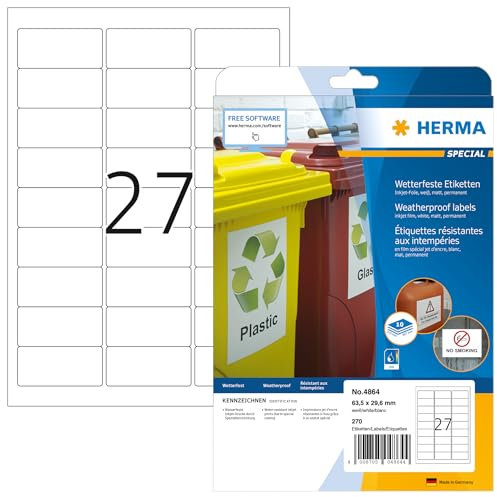 HERMA 4864 Wetterfeste Folienetiketten für Inkjet Drucker, 320 Blatt, 63,5 x 29,6 mm, 27 pro A4 Bogen, 8640 Stück, selbstklebend, bedruckbar, Klebeetiketten Aufkleber für Tintenstrahldrucker, weiß