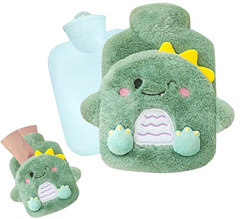 Wärmflasche Kinder,Dinosaurier Wärmflasche mit Handwärmerbezug,Wärmflasche mit Bezug Flauschig,Abnehmbare und Waschbare Wärmflasche,Premium Wärmflasche,Geprüft und Frei Von Schadstoffen