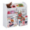 Relaxdays Kinderregal mit 6 Boxen, Kleine-Heldin-Motiv, 2 Kisten mit Rollen, HBT: 80,5x82,5x30 cm, Spielzeugregal, weiß