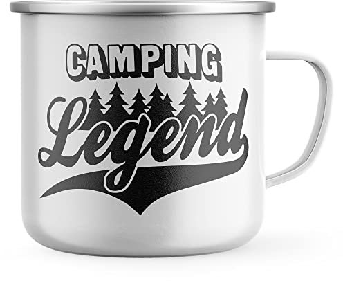 Purple Print House Camping Legend Enamel Mug, Camping Accessories for Men Dads Birthday Gift Idea, Metal Drinking Coffee Cup, One Size, White