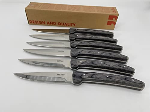 Comas 6er Set Steakmesser Pizzamesser Grillbesteck Steakbesteck Messer Messerset Torino Chuleteros HQ poliert Edelstahl Anthrazit Silber Holzoptik