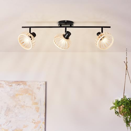 Lightbox Spotrohr im Nature Stil - 22 cm x 71 cm - Deckenstrahler mit Bambus Schirmen & schwenkbaren Köpfen - 3 x E14 Fassung, max. 28 W - aus Metall/Bambus - in Schwarz/Beige