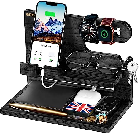 Father Day Gifts for Dad, Presents for Him, Best Gifts for Men, New Dad, Daddy, Wooden Bedside Organiser for Grandad Uncle, Brother, Phone Docking Station Happy Birthday Gift, Black
