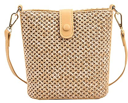 Sac à bandoulière en paille pour femme - Fait à la main - En rotin - Sangles en cuir tissé à la main - Pochette de vacances, jaune, Taille unique