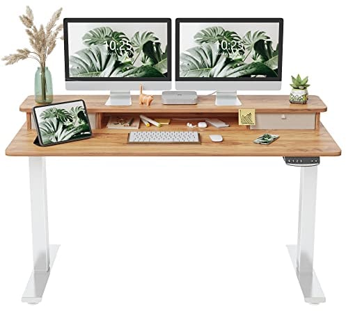 FEZIBO Höhenverstellbarer Elektrischer Stehtisch mit Doppelschublade, 140 x 60 cm Stehtisch mit Ablage, Sitz-Steh-Schreibtisch mit Verbindungsplatte, Weißer Rahmen/Hellbraun Oberfläche
