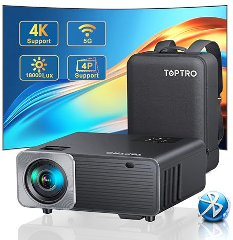 Vidéoprojecteur, 25000 Lumens 5G WiFi Bluetooth Video Projecteur 4K Supporté, TOPTRO Native 1080P Projecteur Correction 4P/4D Zoom 50%,Rétroprojecteur 400'' Home Cinéma Compatible pour iOS/Android/PS5