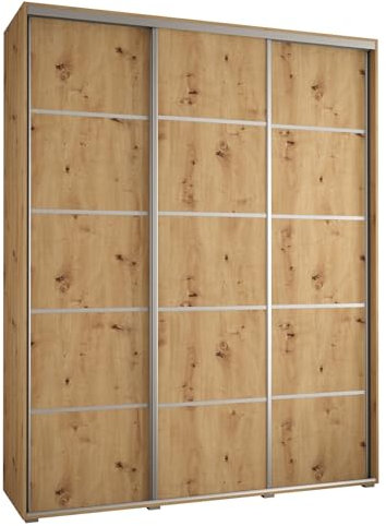 MEBLE KRYSPOL Davos 4 200 Schrank mit DREI Schiebetüren für Schlafzimmer - Moderner Kleiderschrank mit Kleiderstange und Regalen - 235,2x200x45 cm - Artisan Artisan Silber