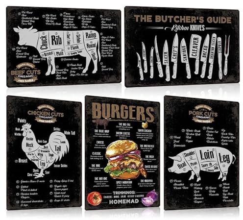 5er Set Blechschilder Retro Essen 20x30cm - BURGERS REZEPTE - BUTCHER GUIDE - BEEF CHICKEN PORK CUTS - Metall-schild grillen Deko für Restaurant Küche Wanddekoration