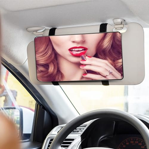 Black Car Visor Mirror with Straps - Large Sun-Shading Cosmetic Mirror for Car, Truck, SUV