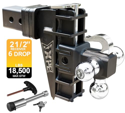 XPE Adjustable Trailer Hitch Fits 2.5-Inch Receiver, Heavy Duty Tow Hitches (18500 LBS GTW) 6 Inch Drop Truck Hitch Tri-Ball Mount with Hook (1-7/8 x 2 x 2-5/16)