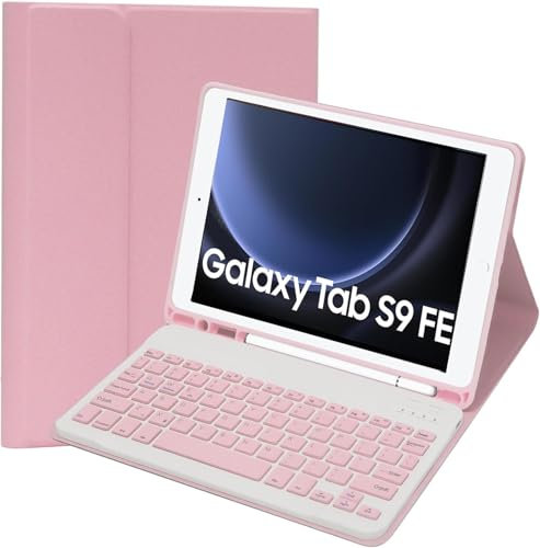 Case with Keyboard For Samsung Galaxy Tab S9 FE 10.9 2023 – Slim Detachable Wireless Keyboard with UK Layout, Magnetic PU Protective Cover & Pencil Holder – Pink