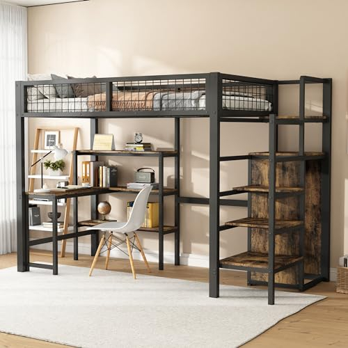Hochbett 90x200 cm mit Schreibtisch & Schrank, Metallbett mit Treppe und Rausfallschutz, Etagenbett Metall Bettgestell für Kinder, Jugendliche, Erwachsene, Schwarz (90x200 cm)