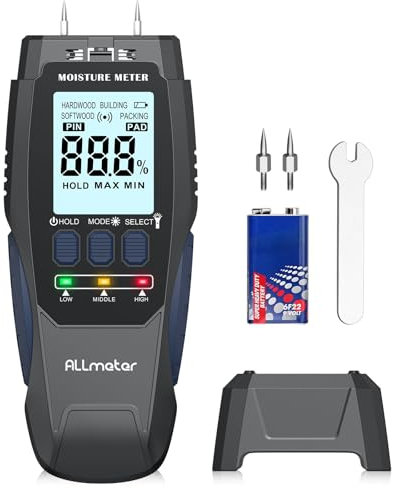 ALLmeter Pin Type Damp Meter Wood Moisture Meter with Backlight Moisture Detector for Wood,Building Materials,Replaceable Probes,Built-in Flashlight,Auto Shut-Off,LCD Display 3-Color Indicator Lights