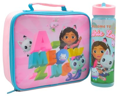 Hox Gabby's Dollhouse Lunch Bag and Water Bottle Set Kids Cooler Bag and Water Bottle with Flip Up Spout Straw