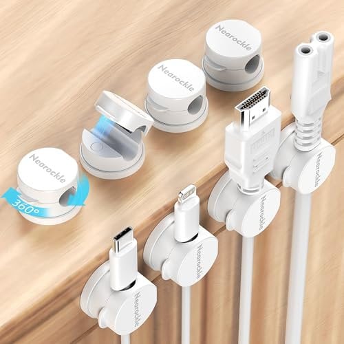 Nearockle 8 Stück [360°Drehbar] Magnetischer Kabelhalter Selbstklebend Kabel Organizer, Verbesserter Starker Magnetischer Kabelclips Kabelmanagement für Schreibtisch, Büro Kabeldurchführung (Weiß)