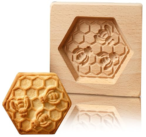 Ausstechform aus Holz, Prägeform, 3D-geschnitzt, Keksform, Kekspresse, Stempel, geeignet für Backen, Halloween, Thanksgiving, Weihnachten, Küche, DIY, einfach zu bedienen, ungiftig (Biene)