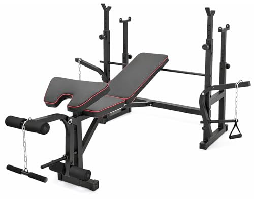 Hantelbank für Fitnesscenter, multifunktional, Hantelbank und Bank für Bauchmuskeln, verstellbar, multifunktionales Fitnessgerät mit Squat Rack und Barbell
