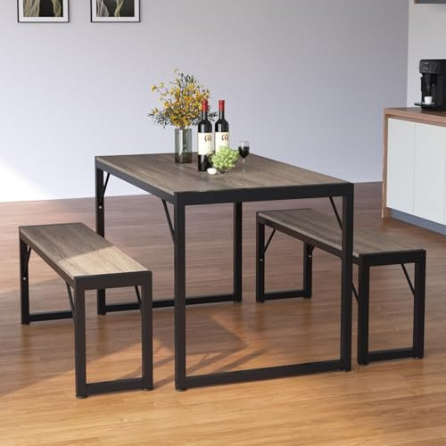Bealife Esstisch-Set für 4 Personen, modernes Küchentisch-Set mit 2 Bänken, 115,6 cm, 3-teiliges Soho Esszimmertisch-Set mit Metallgestell und MDF-Platte, stabile Struktur, platzsparende Möbel (Grau)