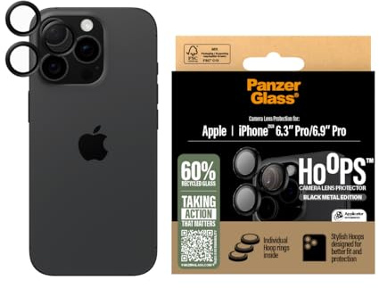 PanzerGlass HOOPS - Protezione per obiettivo della fotocamera per Apple iPhone 16 Pro/16 Pro Max 2024| Vetro ad altissima trasparenza, copertura completa, protezione individuale dell'obiettivo,