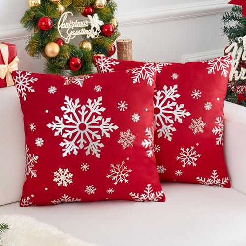 Dokeleen Weihnachten Kissenbezug 2er Set 45x45cm Winter Kissenbezüge Samt Rot Schneeflocke Weihnachtliche Weihnachts