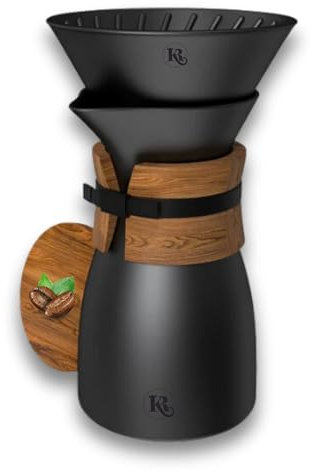 KR™ I AuroraXT - Kaffeebereiter Keramik Kaffeekanne mit integriertem Handfilter - Füllinhalt 600 ml ideal für 3 bis 4 Tassen - Walnussholzdeckel und -griff - Schwarz