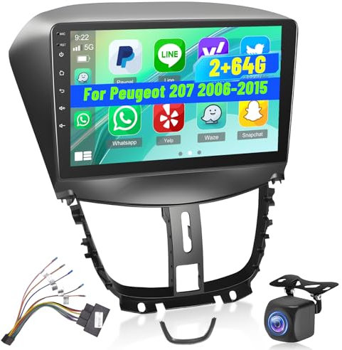 2G+64G Android Autoradio pour Peugeot 207 2006-2015 avec Wireless Carplay & Android Auto, Autoradio à Écran Tactile 9 Pouces avec WiFi, Navigation GPS, Bluetooth, FM RDS