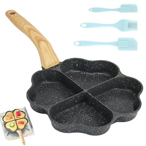 LEKEFETO Poêle à œufs en forme de cœur à 4 trous : revêtement anti-adhésif en granit, petites poêles, poêle à omelette antiadhésive avec spatule en silicone et brosse pour induction, poêle à frire à