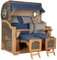 MR. DEKO® Strandkorb Düne Grande XL 2,5-Sitzer Teak | PE Geflecht Grey - Dessin 595 | Volllieger Strandstuhl mit Bullauge inkl. 2 Fußablagen | je 2 Kissen und Nackenkissen | Strandkörbe aus Teakholz