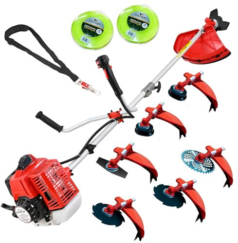 Synergy Desbrozadora Gasolina 7 en 1-65cc 4,9cv-Motor 2 Tiempos-Disco 3 Puntas, 1 de 2 Puntas, 2 de 8 Puntas, 1 de Widea, 2 Cabezales Hilo Automático, Arnés Profesional, Kit de Protección y 20m Hilo