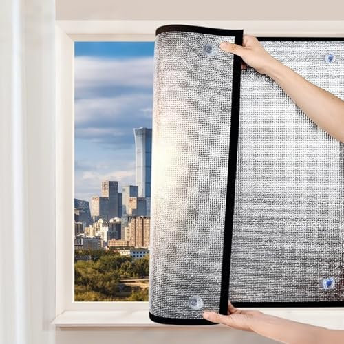 Film Fenetre Anti Chaleur avec Ventouse Film Anti Regard 100%, Panneau de Protection Solaire en Aluminium pour Bureau Véranda Balcon, Imperméable et Ignifuge(80cm x 80cm)