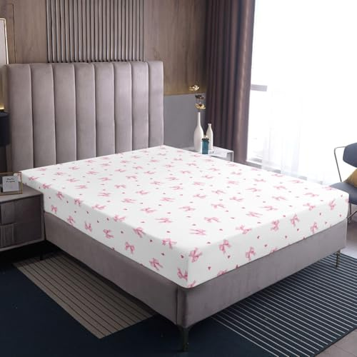 Homewish Weiß Mit Rosa Schleifen Kinder Spannbetttuch Aesthetic Rosa Schleifenmuster Spannbettlaken 140x200cm für Jugendliche,Bowknot Herz Muster Bettlaken Mädchen Und Prinzessin Laken Mikrofaser