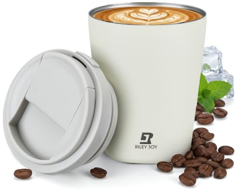Riley Joy Insulated Travel Mug 350ml with One-Button Open Lid Stainless Steel Vacuum Leakproof Coffee Mug Double Wall Coffee Cup to go for Hot Coffee Tea and Cold Drinks (Beige)