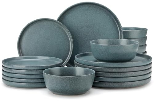 vancasso Zermatt 18 Pieces Dinner Set for 6, Reactive Glaze Stoneware Plates and Bowls Set, Blue Crockery Set with Dinner Plates, Dessert Plates & Cereal Bowls, Microwave & Dishwasher Safe