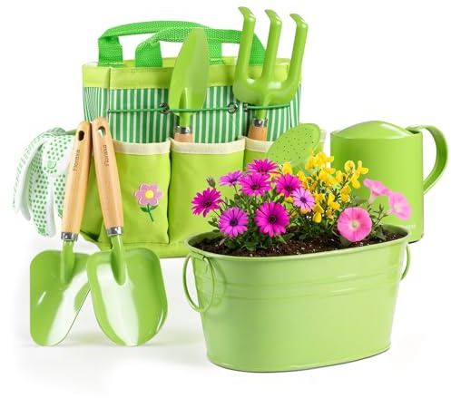 Set da giardinaggio per bambini con cestino in metallo e strumenti in vero metallo, kit per esterni STEM, manici ergonomici in legno, 3 pale, rastrello, annaffiatoio, guanti, borsa tote, regalo per