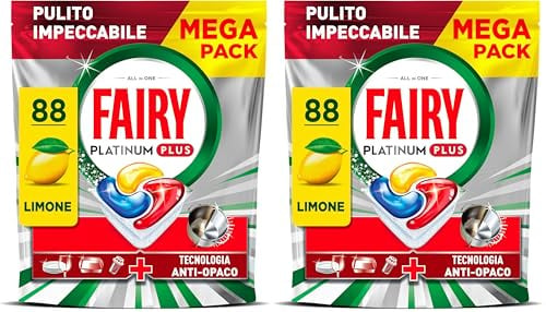 Fairy Platinum Detersivo Pastiglie Lavastoviglie Plus, Brillantante, 88 Capsule, Limone, Tecnologia Anti-Opaco, Contro Il Grasso e le Incrostazioni Ostinate Anche Nei Cicli Brevi (Confezione da 2)