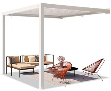 PRIMEYARD Terrassenüberdachung 3x3 m Aluminium-Pfosten mit Lamellendach aus Stahl weiße Anbau-Pergola