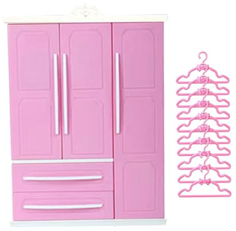 Pineeseatile Puppenschrank, 3 Türen, 2 Schubladen, Puppenhaus-Kleiderschrank, 7 x 10 x 3 Puppenhausmöbel mit 10 Kleiderbügeln, DIY-freundliche Miniaturen zum Einrichten, Puppen, Miniaturen