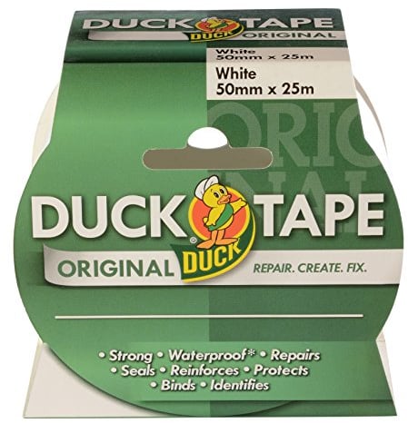 Duck Tape Original White, 50mm x 25m. The original high strength waterproof gaffer and duct adhesive cloth repair tape