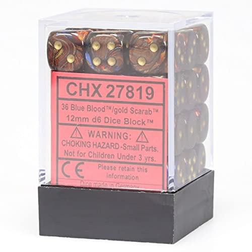 Chessex Signature 12mm d6 with pips Dice Blocks (36 Dice) - Scarab Blue Blood w/Gold