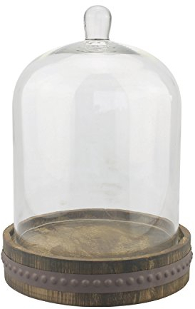 Stonebriar 9 Inch Clear Glass Dome Cloche with Rustic Wooden Base, Antique Bell Jar Display Dome, for Plants, Succulents, Fairy Lights, Photos, Medals, Decorative Fill, and More, Medium
